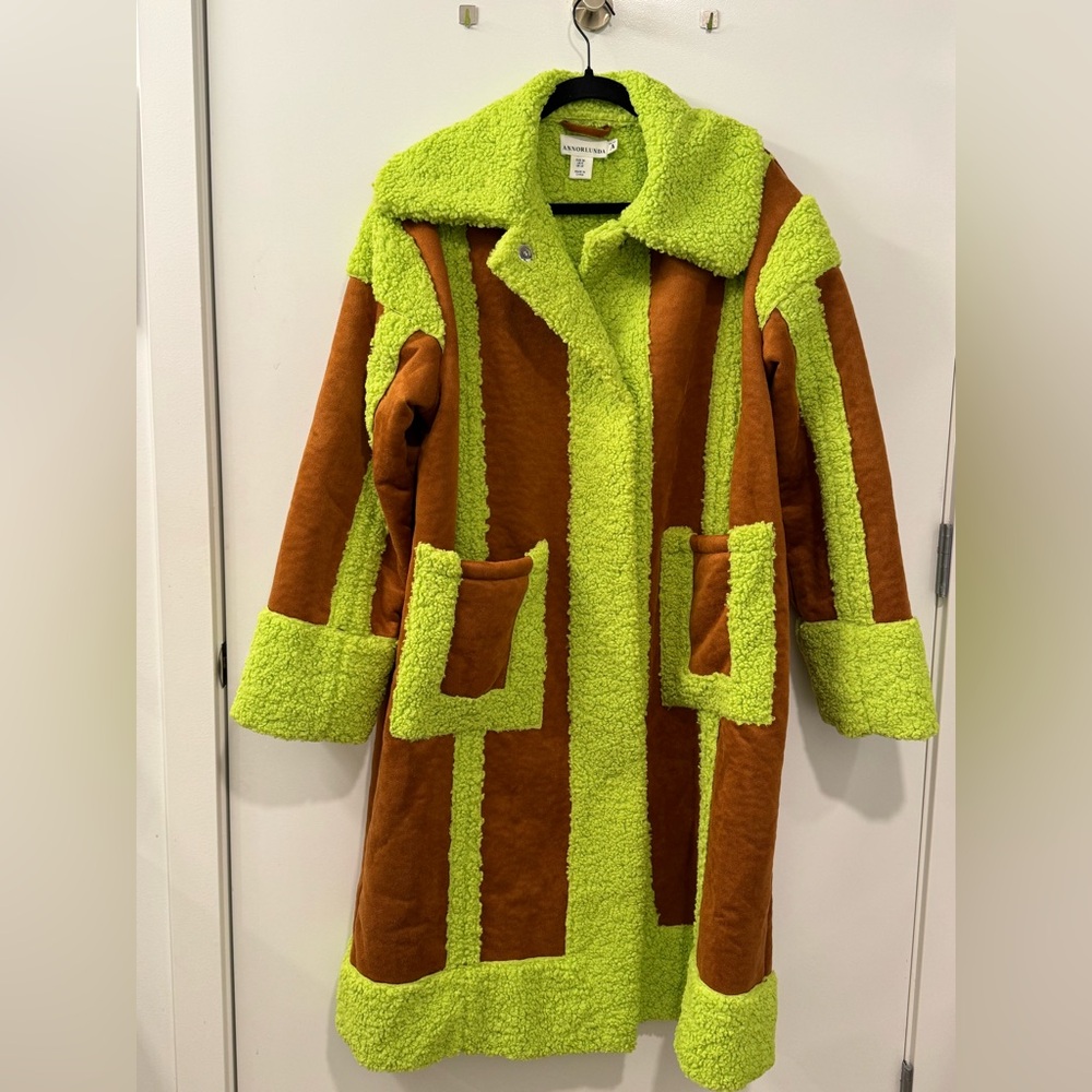 Annorlunda Brown and Lime Green Faux Sherpa and Suede Long Coat, US Size 6 (M/L)